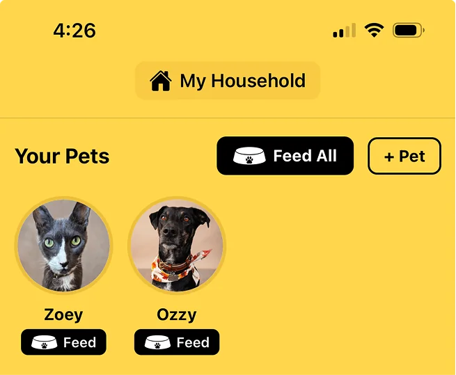 Pet Pawty home screen with a Feed All button and individual Feed buttons for Zoey and Ozzy