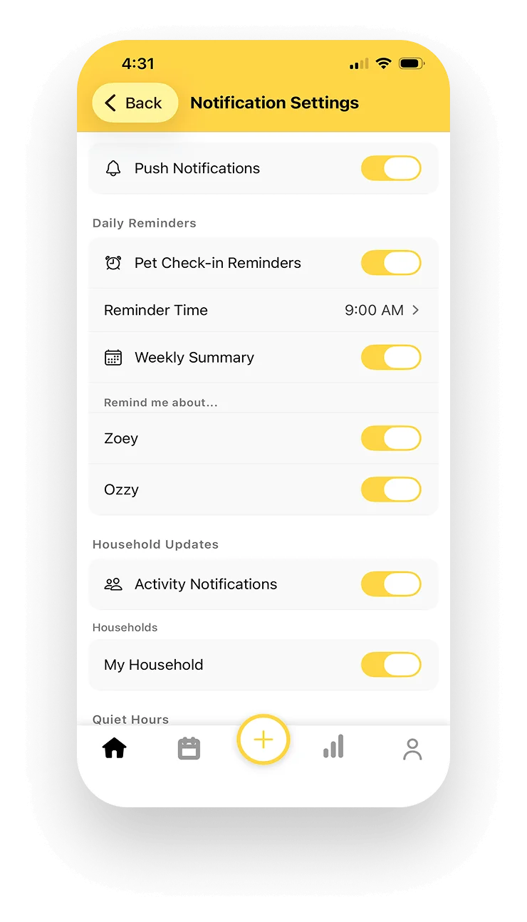 Pet Pawty notification settings: push notifications, daily reminder time, weekly summary, and per-pet activity toggles