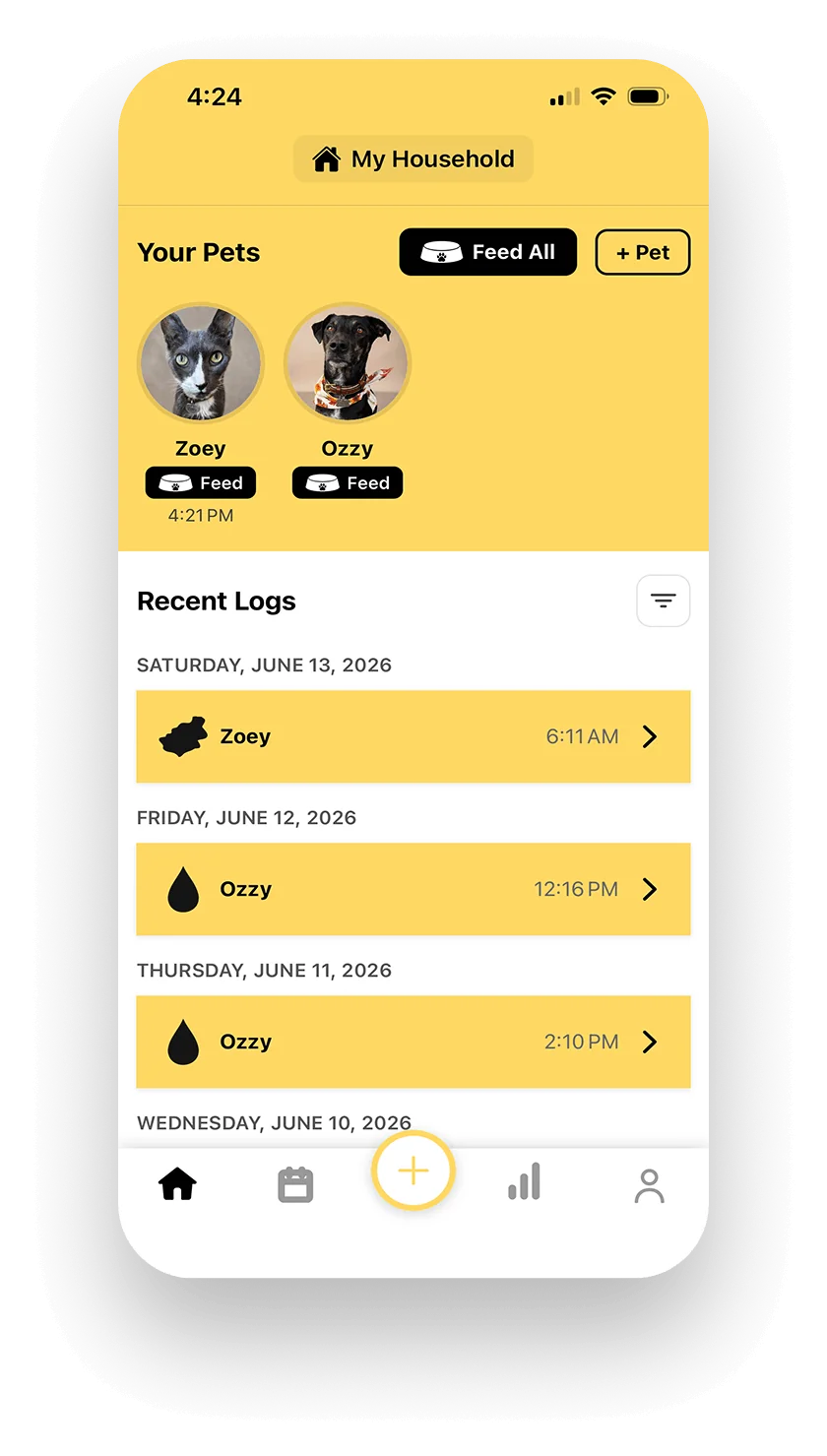Pet Pawty app home screen showing pets Zoey and Ozzy with recent health logs and a Feed All button